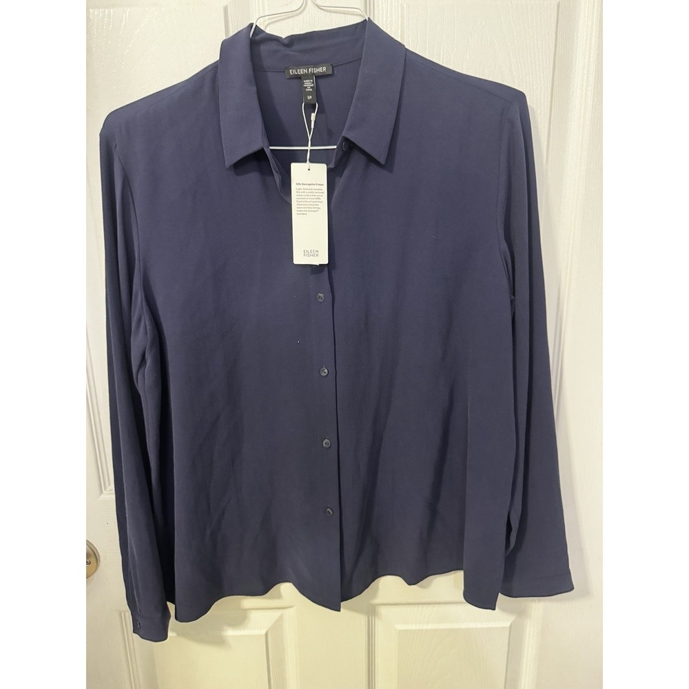 NWT Eileen Fisher Midnight Navy Silk Georgette Crepe Classic Collar Shirt PS